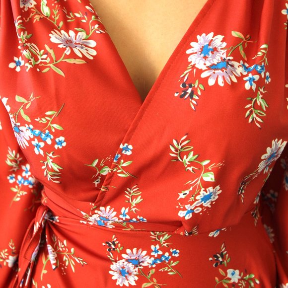 Dokotoo Mini Wrap Dress Floral Brick Adjustable - Picture 4 of 4